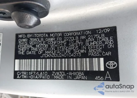 2010 Toyota Prius Iv из США, поврежденный, VIN JTDKN3DU2A0104273